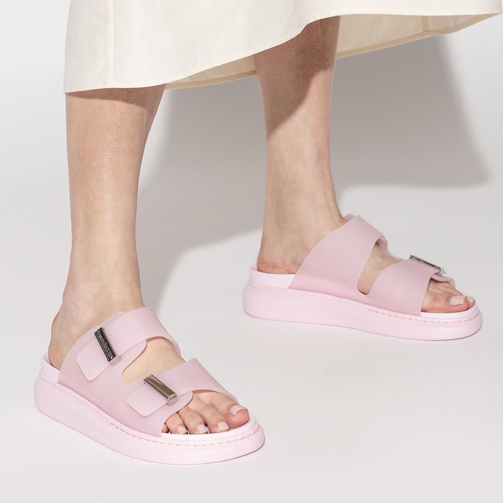 Alexander McQueen Flat Rubber Sandals in Pale Ice Pink & Silver